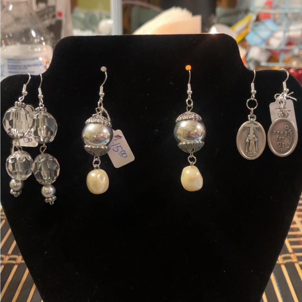 Elegant Silver and Pearl Drop Earrings set of 3
